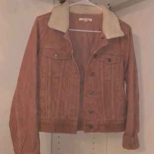 PACSUN Pink denim jacket with fuzzy white collar